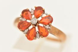 A 9CT YELLOW GOLD FIRE OPAL AND DIAMOND FLORAL RING, hallmarked 9ct Birmingham, ring size O,