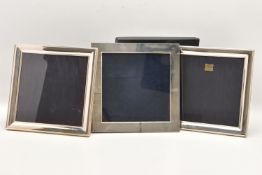 THREE SILVER FRONTED PICTURE FRAMES, two frames measures approximately 250mm x 245mm, one measures