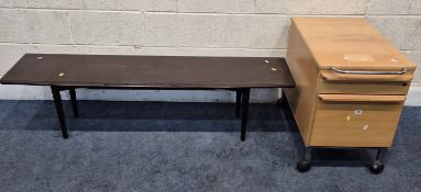 A BEECH TWO DRAWER FILING CABINET, on castors, width 44cm x depth 72cm x height 62cm, along with a
