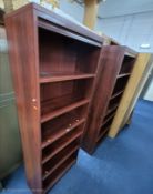THREE MODERN MAHOGANY EFFECT OPEN BOOKCASES, tallest bookcase width 72cm x depth 28cm x height