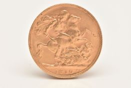 AN EDWARD VII FULL GOLD SOVEREIGN COIN, dated 1910, approximate diameter 22.0mm, approximate gross