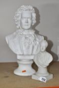 TWO BUSTS OF HISTORICAL FIGURES comprising a large plaster bust of Beethoven on a moulded socle