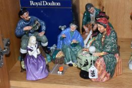 SIX ROYAL DOULTON FIGURINES, comprising 'Fortune Teller' HN2159, (signs of crazing) 'Tuppence a Bag'