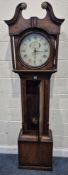 A GEORGIAN OAK CASED 30 HOUR LONGCASE CLOCK, with a twin swan neck pediment, the circular glass door