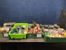 FIVE TRAYS CONTAINING AUTOMOTIVE PARTS AND ACCESSORIES, including brake pads, mirrors, HT leads,