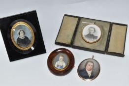 A GROUP OF FOUR MINIATURE PORTRAITS, comprising a cased framed photograph on porcelain of a woman,