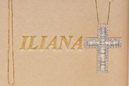 A BOXED 18CT GOLD DIAMOND CROSS PENDANT NECKLACE, the cross set with baguette cut and round