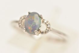 A 9CT WHITE GOLD OPAL AND DIAMOND RING, hallmarked 9ct Birmingham, ring size N 1/2, approximate