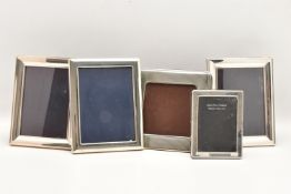FIVE SILVER FRONTED PICTURE FRAMES, two frames measure approximately 220mm x 175mm, one measures