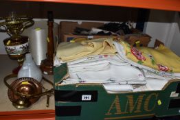 TWO BOXES AND LOOSE MISCELLANEOUS ITEMS to include two boxes of assorted table clothes and similar