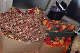 THREE BOXES AND LOOSE COSTUME AND PARTY ITEMS, to include a large sequinned canopy (af), various