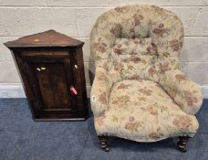A VICTORIAN BEDROOM CHAIR, with foliate button back upholstery, engraved to the rear leg 'WBC 4861',