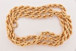 A 9CT YELLOW GOLD ROPE CHAIN NECKLACE, fitted with a spring clasp, approximate length 500mm,