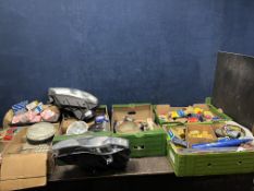 SIX TRAYS CONTAINING AUTOMOTIVE PARTS AND HARDWARE, including a pair of Valeo headlights, various