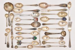 AN ASSORTMENT OF SILVER CUTLERY, to include teaspoons, salt spoons, pickle forks, dessert forks,