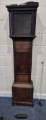 AN EARLY 20TH CENTURY OAK CASED LONGCASE CLOCK, the box hood enclosing an 11 inch dial, depicting