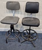 TWO INDUSTRIAL SWIVEL STOOLS, height 109cm, condition report: marks, scuffs, stains, discolouration,