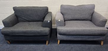 A NEAR PAIR OF GREY UPHOLSTERED WIDE ARMCHAIRS, width 132cm x depth 100cm x height 94cm, condition