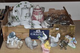 ONE BOX AND LOOSE CERAMICS AND GLASSWARE to include a group of figurines to include a Lladro duck, a