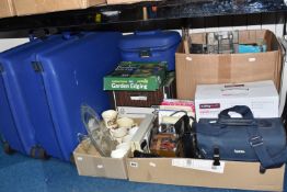 FOUR BOXES AND LOOSE SUNDRY ITEMS, to include two large blue Samsonite suitcases and a smaller