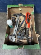 A TRAY CONTAINING PLUMBING TOOLS, including Ridgid pipe cutter and pipe bender, Record and other