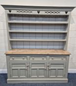 A LARGE 20TH CENTURY PARTIALLY PAINTED PINE WELSH DRESSER, with a three tier plate rack, three