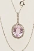 A 9CT WHITE GOLD GEM SET NECKLACE, a light pink oval cut stone, assessed as morganite, flanked