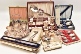 A PAIR OF SILVER CANDLESTICKS AND A BOX OF WHITE METAL WARE, to include a pair of tapering stem