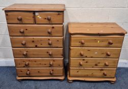 A MODERN PINE CHEST OF TWO SHORT OVER FIVE LONG DRAWERS, raised on bun feet, width 77cm x depth 42cm