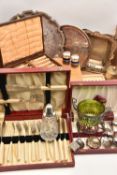 A BOX OF ASSORTED WHITE METAL WARE, to include a wooden canteen of cutlery for a six person place