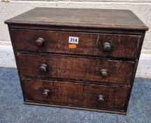 A 19TH CENTURY MAHOGANY MINIATURE CHEST OF THREE GRADUATED DRAWERS, width 45cm x depth 28cm x height