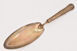 A SILVER FISH SERVER, pierced blade with rubbed engraved crest, kings pattern handle with engraved