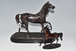 TWO BRONZE SCULPTURES OF HORSES, comprising a after Mene sculpture, signed on the top of the base,