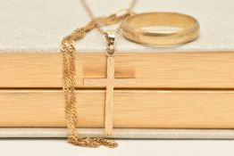 A RING AND TWO CHAIN NECKLACES, to include a polished band ring, hallmarked 9ct Sheffield, ring size