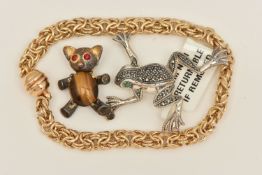THREE ITEMS OF JEWELLERY, to include a silver gilt fancy byzantine bracelet, fitted with a
