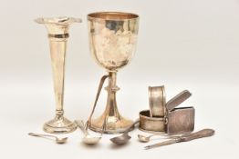 ASSORTED SILVER ITEMS, to include a silver goblet hallmarked Sheffield, two oval silver napkin rings