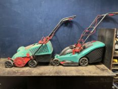 A BOSCH ROTAK 34 ELECTRIC LAWN MOWER with grassbox (switchbox taped) and a Bosch ALR900 scarifier