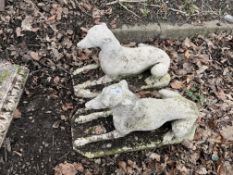 A PAIR OF CONCRETE GARDEN FIGURE IN THE FORM OF WHIPPETS LYING ON A BASE 67cm long Condition Report;