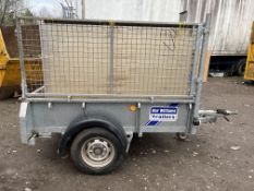 AN IFOR WILLIAMS GD64G SINGLE AXLE TRAILER with mesh height extensions to sides and front, a pair of