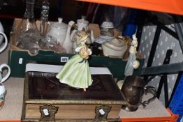 ONE BOX AND LOOSE ORNAMENTS to include a gilt edged family Bible published in 1877, a plated mug
