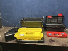 TWO TOOLBOXES CONTAINING TOOLS AND ELECTRICAL EQUIPMENT including a Genexxa PA amp and speaker (both