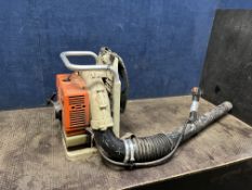 A STIHL BR400 PETROL BACK PACK LEAF BLOWER with pipe but no flared end pipe and trigger handle taped