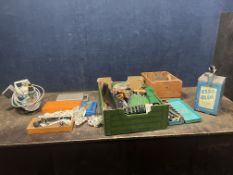 TWO TRAYS CONTAINING TOOLS including an airbrush compressor (PAT fail due to uninsulated plug but