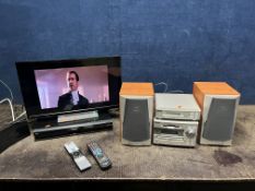A TOSHIBA 24WK3A63DB 24in TV with remote, a Panasonic DMR-EX83 DVD player with remote and a Sony