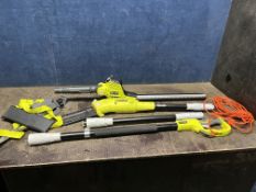 A RYOBI RPP750S ELECTRIC POLE SAW with extension, harness and a RPT4545M hedge trimmer (current
