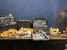 TWO TOOLBOXES CONTAINING TOOLS including sockets, wrenches, spanners, hand drill and brace, a Dremel