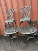TWO CAST ALUMINIUM GARDEN TABLES with four matching chairs, tables are 66cm in diameter Condition