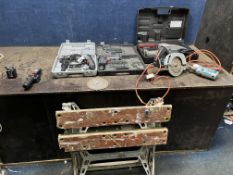 A SELECTION OF POWER TOOLS including Performance Power reciprocating saw, a drill (both PAT pass and