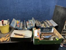 TWO TOOLBOXES AND A TRAY CONTAINING TOOLS including wood turning and carving chisels by Marples,