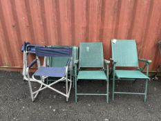 A SET OF FOUR FOLDING METAL FRAMED GARDEN CHAIRS along with two directors chairs (6)
